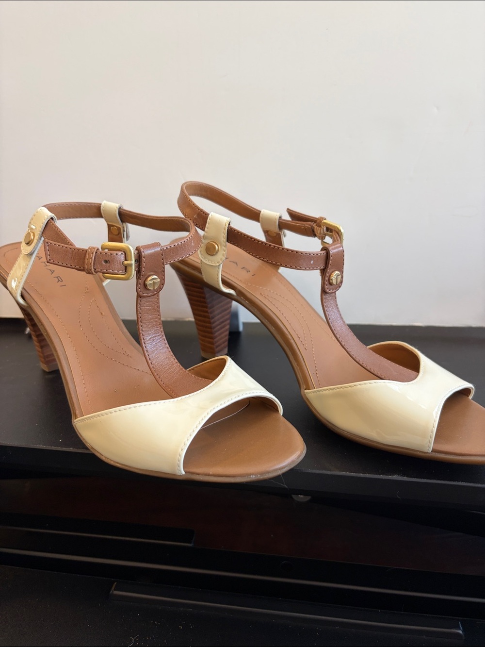 Tahari Cream and Brown T-Strap Mid-Heel Sandals - Gold Hardware